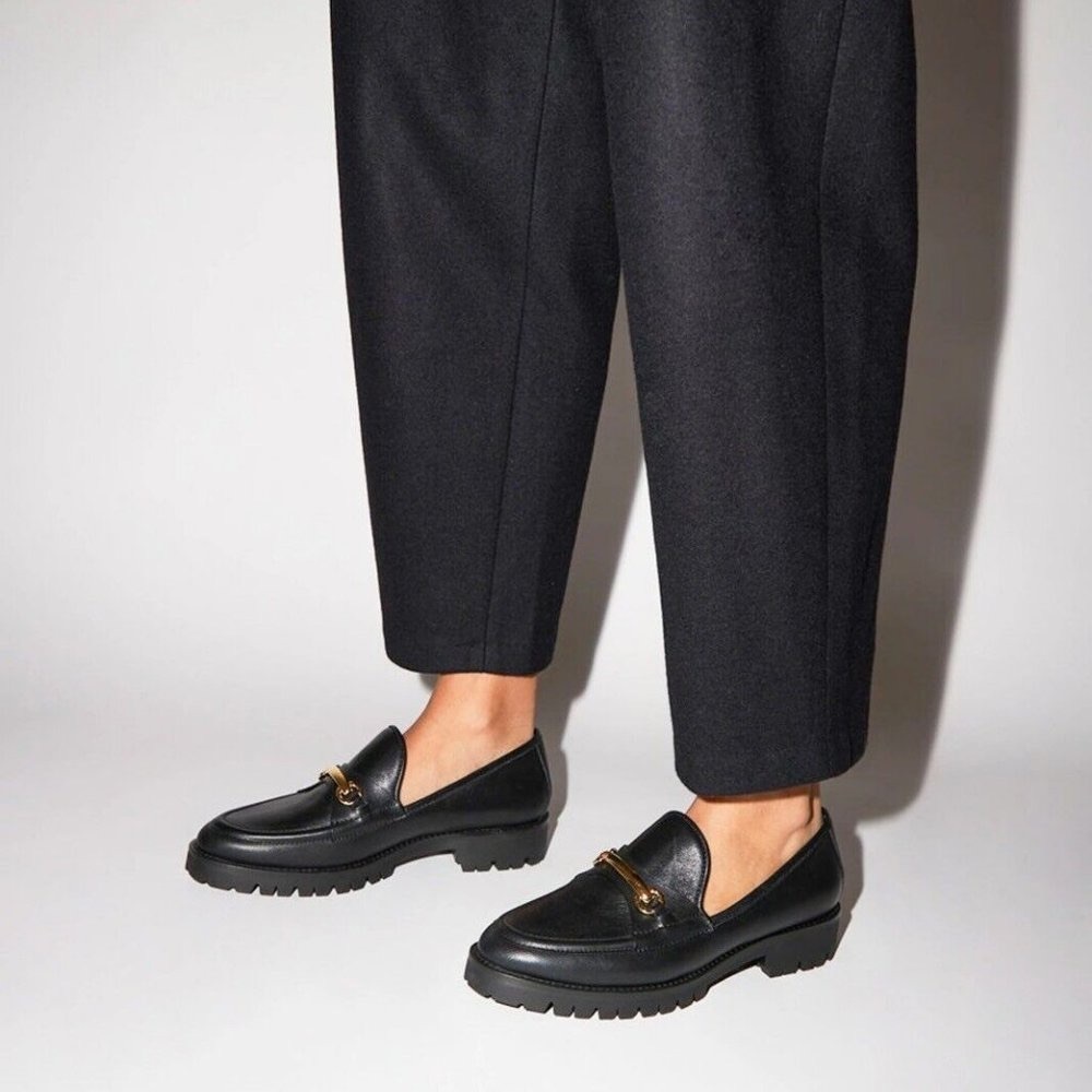Suzanne Rae Lug Sole Loafer, Black Nappa Leather, Size 37.5 (US 7.5)